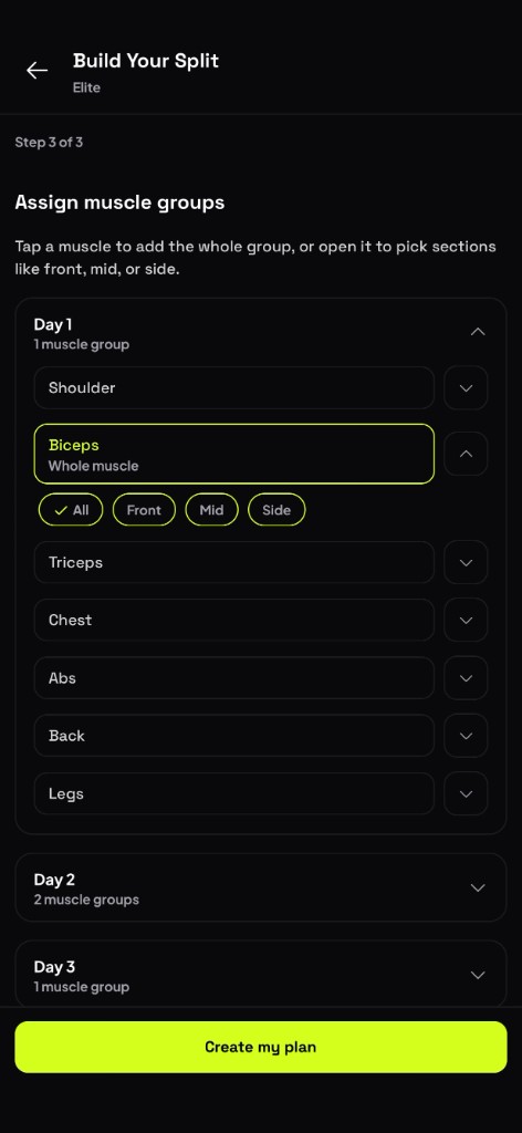 Build Your Split: assign muscle groups to each training day, then create the plan