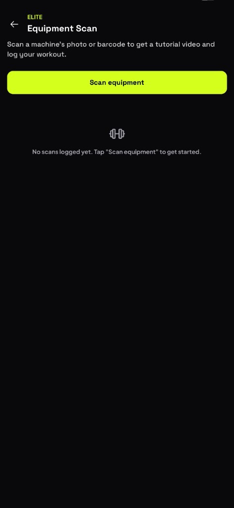 Equipment Scan screen with Scan equipment to get a tutorial video and log a workout