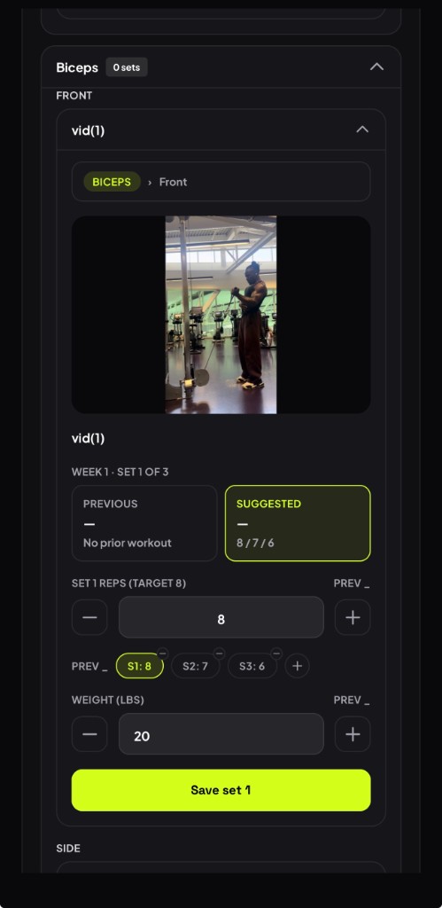 Live extra workout: biceps set with form video, suggested reps, and save set