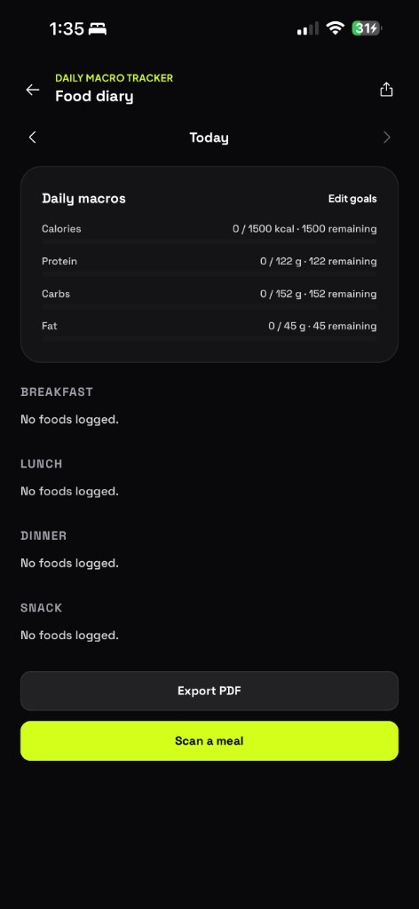 Food diary with daily macros, meal slots, export PDF, and scan a meal