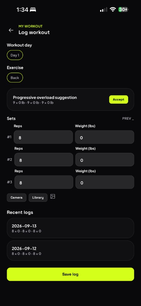 Log workout: sets, reps, weight, progressive overload suggestion, and recent logs