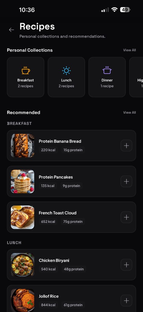 Train3D recipes screen with personal collections and recommended meals
