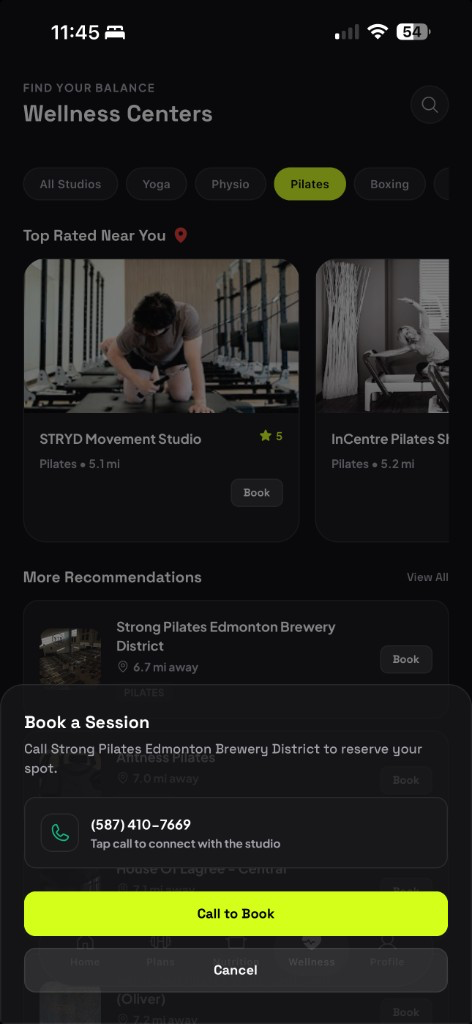 Wellness centers near you with ratings, distance, and book buttons